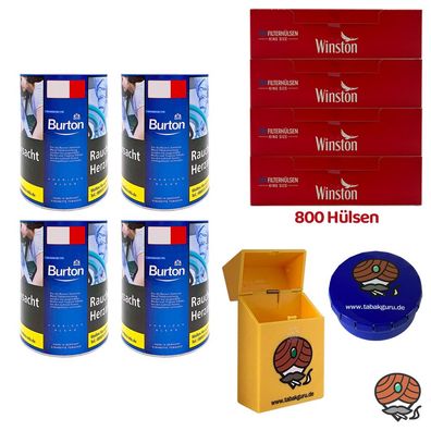 Burton Blue/Blau Feinschnitt Tabak Dose 4x 120g, Winston Hülsen, Ascher + Box