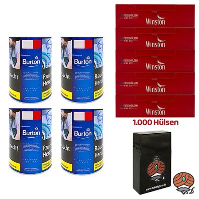 Burton Blue/Blau Feinschnitt Tabak Dose 4x 120g, Winston Hülsen, Box