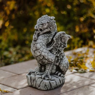 Feurige Drachen Statue Gartenfigur aus Steinguss, 30 cm, Grau, Wetterfest