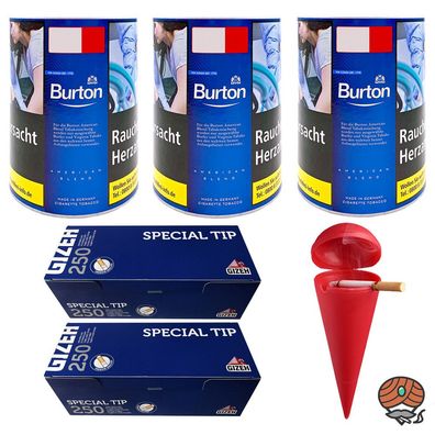 Burton Blue/Blau Feinschnitt Tabak 3x 120g, Gizeh Special Tip Hüls, Strandascher