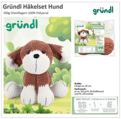 Gründl Funny uni Häkelset Hund, 2 x100g Funny uni Chenillegarn, 1 Häkelnadel