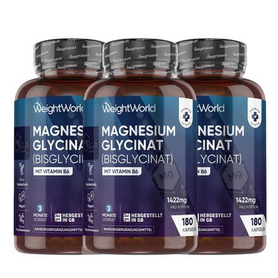 Magnesiumglycinat Kapseln - 180 vegane Kapseln - 3 Monate Vorrat 3er Pack