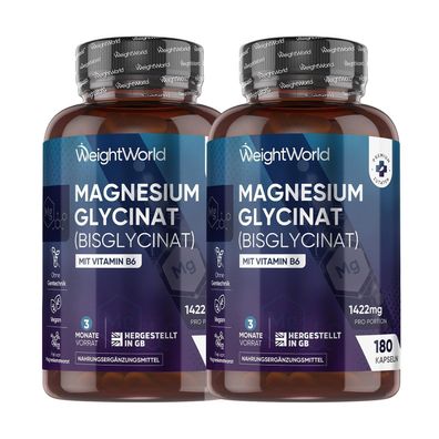 Magnesiumglycinat Kapseln - 180 vegane Kapseln - 3 Monate Vorrat 2er Pack