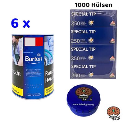 Burton Blue/Blau Feinschnitt Tabak Dose 6x 120g, 1000 Gizeh Hülsen, Zubehör