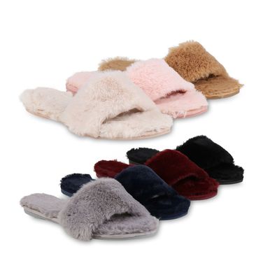 VAN HILL Damen Sandalen Kunstfell Pantoletten Warm Gefütterte Hausschuhe 818527