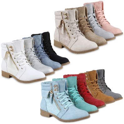 VAN HILL Damen Stiefeletten Schnürstiefeletten Leder-Optik Boots Basic 71380