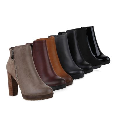 VAN HILL Damen Stiefeletten Plateau-Boots Zipper Holzoptikabsatz Schuhe 818507