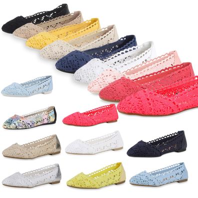 VAN HILL Klassische Damen Ballerinas Spitze Häkel-Optik Modische Flats 810571