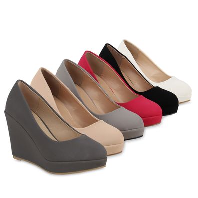 VAN HILL Damen Keilpumps Party Keilabsatz Pumps High Heels Plateau Schuhe 823622