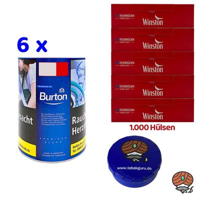Burton Blue/Blau Feinschnitt Tabak Dose 6x 120g, Winston Hülsen, Zubehör