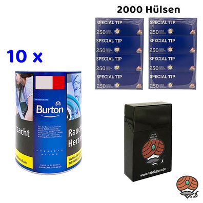 Burton Blue/Blau Feinschnitt Tabak Dose 10x 120g, Gizeh Hülsen, Zubehör