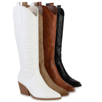 VAN HILL Damen Stiefel Cowboystiefel Stickereien Holzoptikabsatz Schuhe 838830