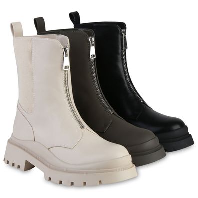 VAN HILL Damen Leicht Gefütterte Stiefeletten Plateau Boots Profil-Sohle Schuhe 83795