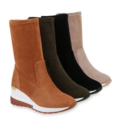 VAN HILL Damen Stiefel Leicht Gefüttert Keilstiefel Profil-Sohle Schuhe 835551