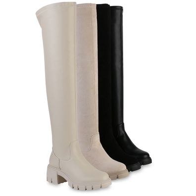 VAN HILL Damen Leicht Gefütterte Overknees Stiefel Profil-Sohle Schuhe 838109