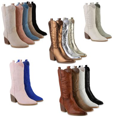 VAN HILL Damen Stiefel Cowboystiefel Holzoptikabsatz Stickereien Schuhe 838384