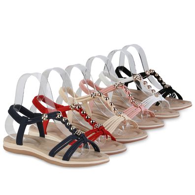 VAN HILL Damen Sandalen Riemchensandalen Zierperlen Sommer-Schuhe 838480
