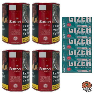 Burton Original Feinschnitt Tabak Dose 4x 120g, Gizeh Menthol Extra Hülsen
