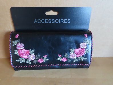 Geldbörse schwarz mit Blumenstickerei ca. 19,5 cm mit Etikett