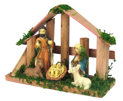 Weihnachtskrippe aus Holz mit Figuren - mit Moos verziert, ca. 15 x 11 x 5 cm