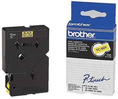Brother TC601 TC-601 Schriftbandkassette - laminiert, 12 mm x 7,7 m, schwarz auf gelb