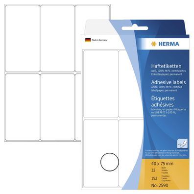 Herma 2590 2590 Vielzwecketiketten weiß 40x75 mm Papier matt 192 St