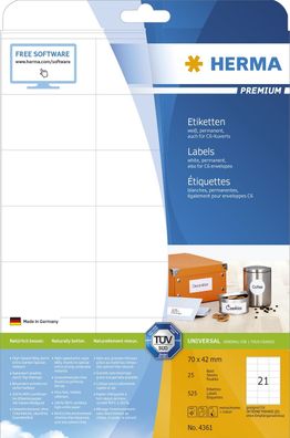 Herma 4361 Etiketten Premium A4, weiß 70x42 mm Papier matt 525 St