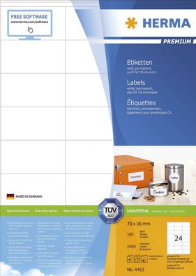 Herma 4453 Etiketten Premium A4, weiß 70x36 mm Papier matt 2400 St