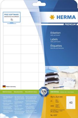 Herma 4357 Etiketten Premium A4 weiß 48,5x25,4 mm Papier matt 1000 St