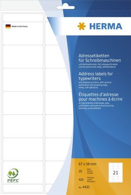 Herma 4431 4431 Adressetiketten für Schreibmaschinen A4 67x38 mmPapier matt Ecken run