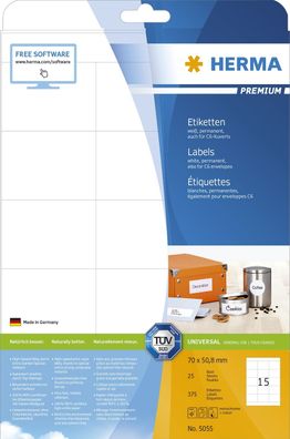 Herma 5055 Etiketten Premium A4, weiß 70x50,8 mm Papier matt 375 St