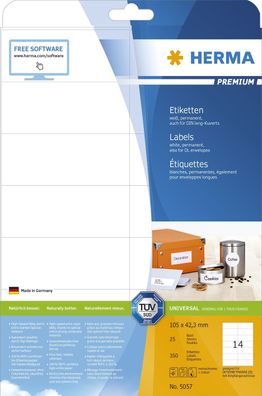 Herma 5057 Etiketten Premium A4, weiß 105x42,3 mm Papier matt 350 St