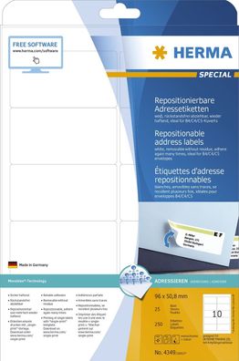Herma 4349 Adressetiketten A4 weiß 96x50,8 mm repositionierbar Papier matt 250 St