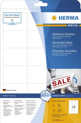 Herma 4203 Etiketten A4 weiß 63,5x46,6 mm Movables/ablösbar Papier matt 450 St