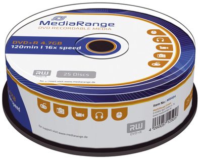 MediaRange MR404 DVD+R - 4.7GB/120Min, 16-fach/Spindel, Packung mit 25 Stück