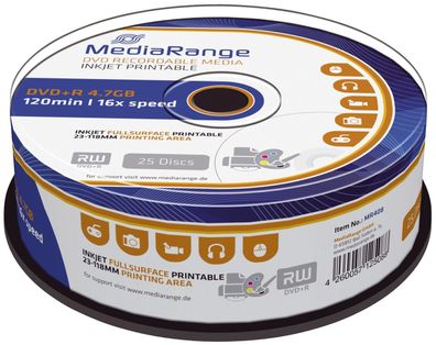 MediaRange MR408 DVD+R - 4.7GB/120Min, 16-fach/Spindel, bedruckbar, Packung mit 25 St