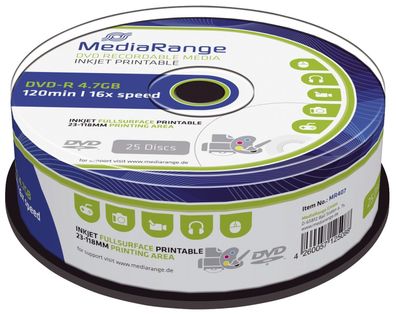 MediaRange MR407 DVD-R - 4.7GB/120Min, 16-fach/Spindel, bedruckbar, Packung mit 25 St