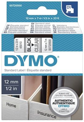 Dymo® S0720500 Schriftband D1 Kunststoff - laminiert, 7 m x 12 mm, Schwarz/Transparen