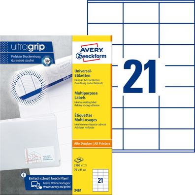 Avery Zweckform® 3481 3481 Universal-Etiketten ultragrip - 70 x 41 mm, weiß, 2.100 Et