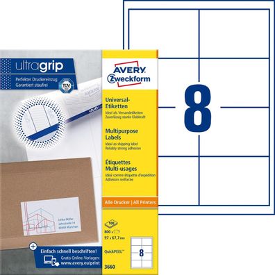 Avery Zweckform® 3660 3660 Universal-Etiketten ultragrip - 97 x 67,7 mm, weiß, 800 Et