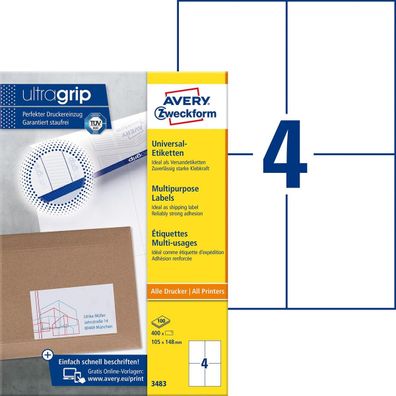 Avery Zweckform® 3483 Universal-Etiketten ultragrip - 105 x 148 mm, weiß, 400 Etikett