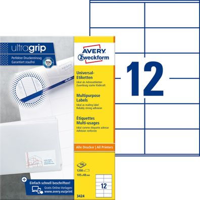 Avery Zweckform® 3424 Universal-Etiketten ultragrip - 105 x 48 mm, weiß, 1.200 Etiket