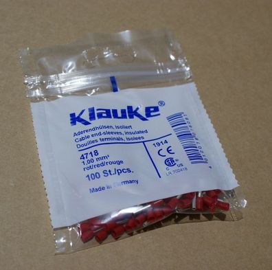 100St. Klauke 47110 Aderendhülsen DIN 46228 Teil 4 isoliert 1qmm 10mm lang Cu galvani