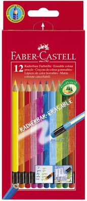 FABER-CASTELL 116612 Buntstift Radierbare - 12 Farben sortiert mit Radiergummi, Karto