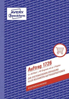 Avery Zweckform® 1726 Auftrag, DIN A5, selbstdurchschreibend, 3 x 40 Blatt, weiß, gel