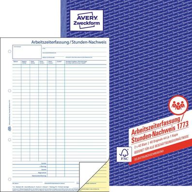 Avery Zweckform® 1773 Stunden-Nachweis, DIN A4, selbstdurchschreibend, 2 x 40 Blatt,