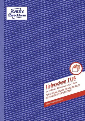 Avery Zweckform® 1724 1724 Lieferschein, DIN A4, selbstdurchschreibend, 2 x 40 Blatt,