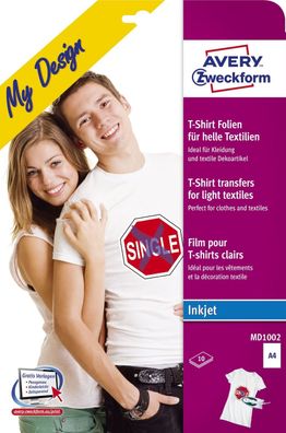 Avery Zweckform® MD1002 MD1002 Textilfolien für helle Textilien, 210 x 297 mm, 10 Bla
