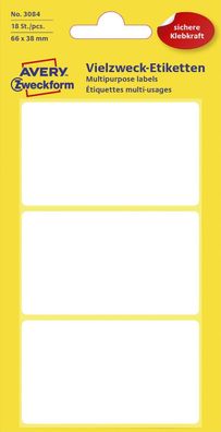 Avery Zweckform® 3084 3084 Universal-Etiketten, 66 x 38 mm, 6 Blatt/18 Etiketten, wei