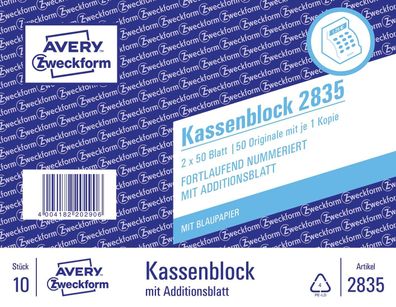 Avery Zweckreform 2835 Kassenblock Kompaktblock fortlaufend nummeriert 2 x 50 Blatt w